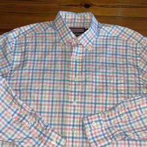 Vineyard Vines,large Murray shirt, 100% cotton, blue, white, pink and tan plaid